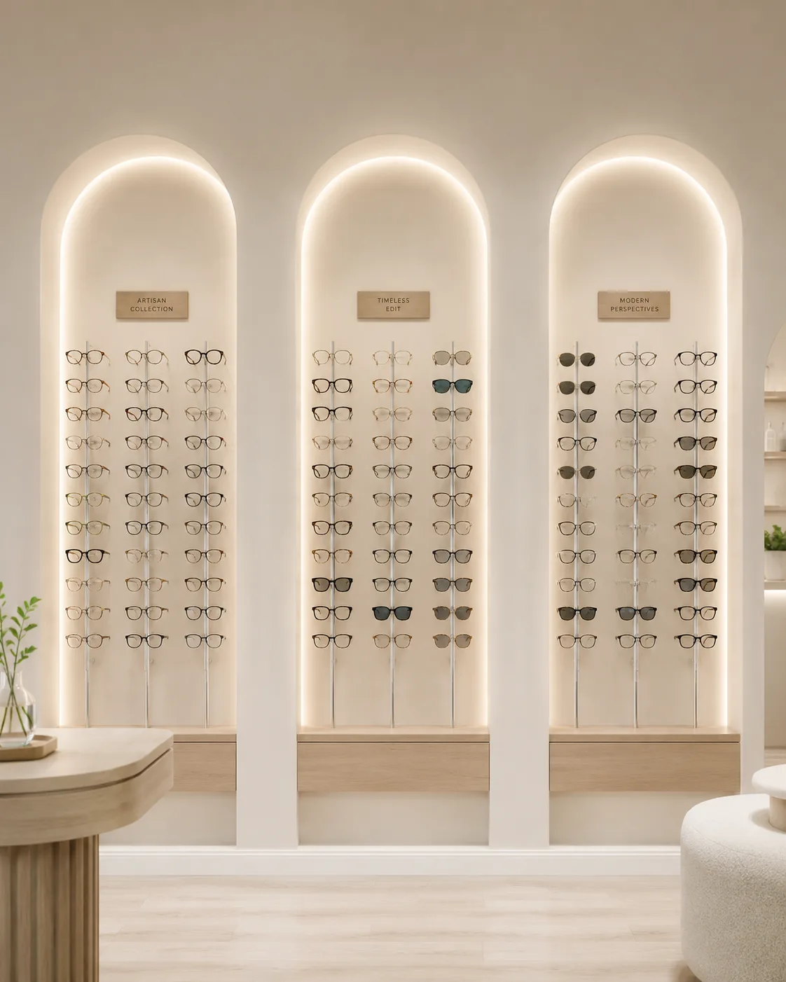 Trois arches lumineuses de la boutique, chacune présentant une collection de montures