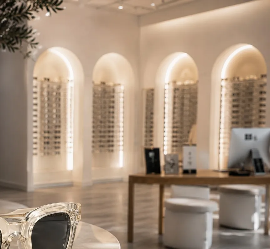 Les arches lumineuses de la boutique, chacune dédiée à une maison de créateur