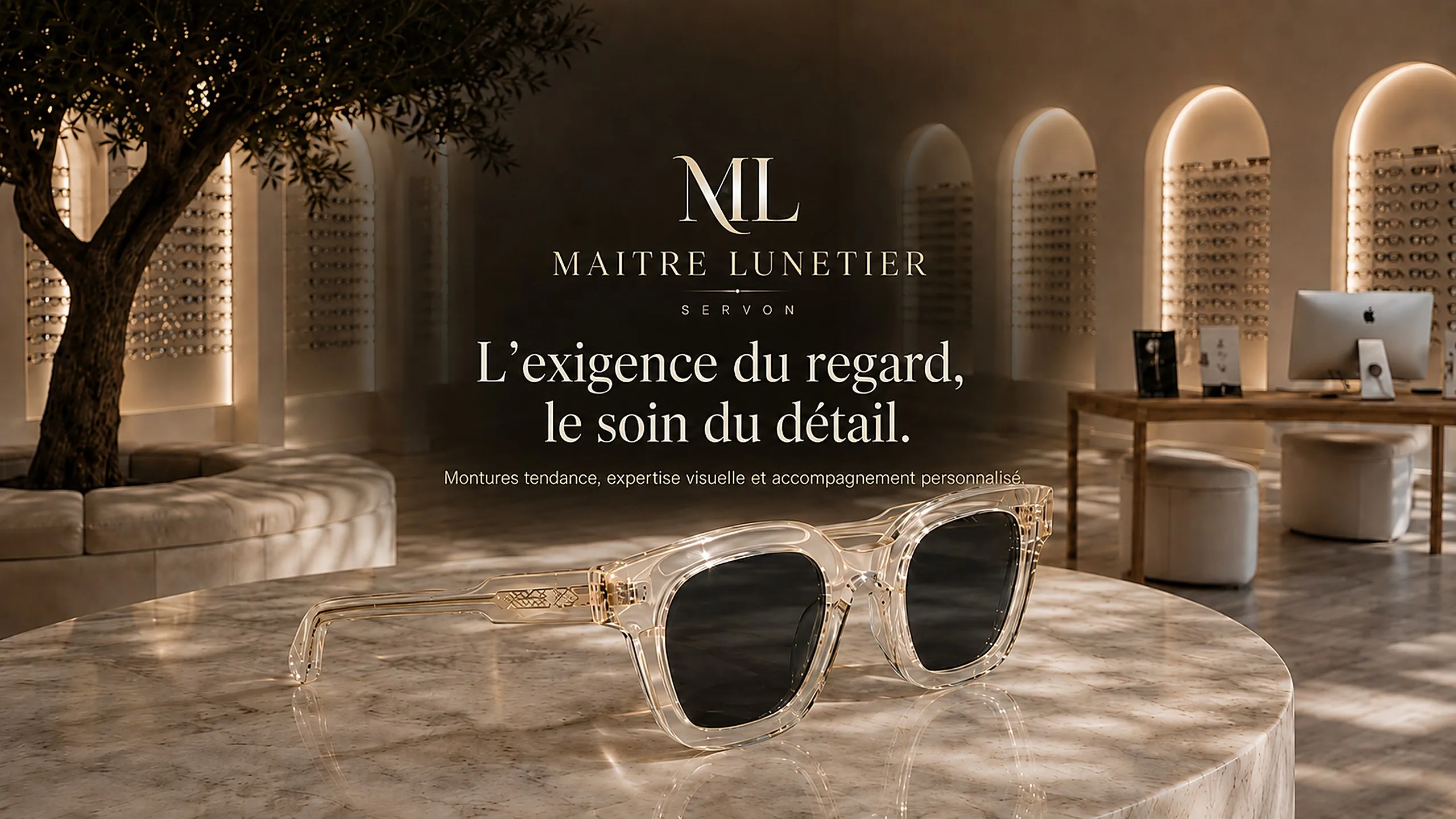 La boutique Maître Lunetier à Servon : arches lumineuses, olivier centenaire et monture cristal posée sur un socle de marbre