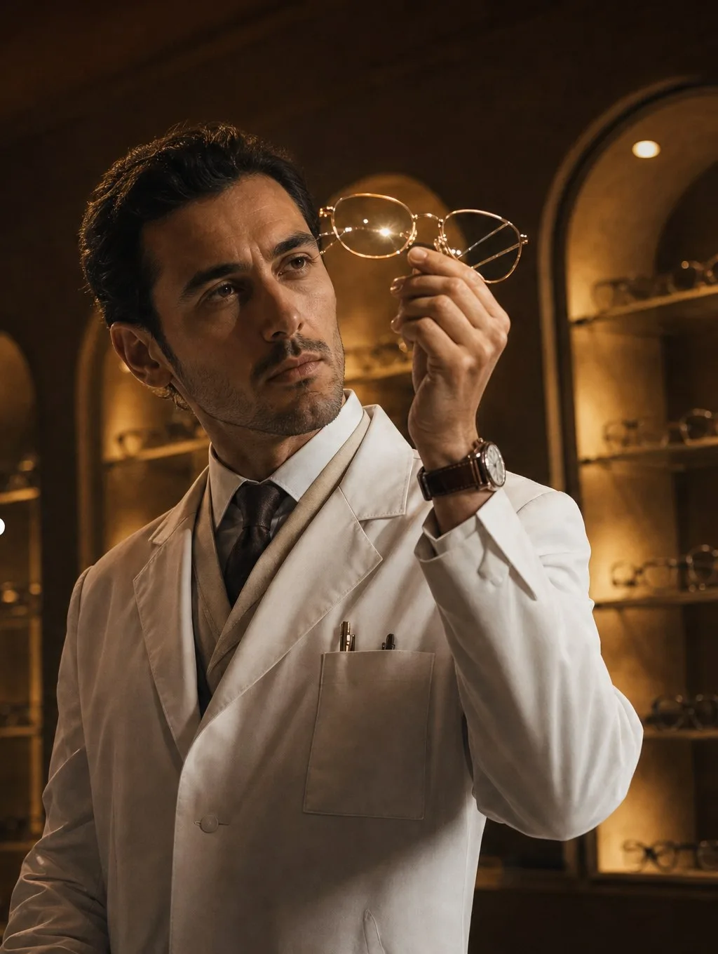 L'opticien contrôle une monture à la lumière avant le montage des verres